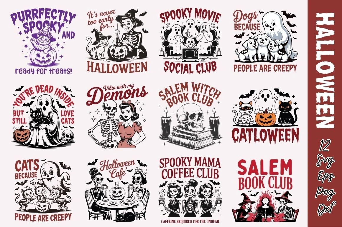 Funny Halloween SVG PNG Bundle,Halloween showing twelve Halloween-themed illustrations with skeletons, cats, ghosts, pumpkins, and witches alongside bold text in black, off-white, and dark red.