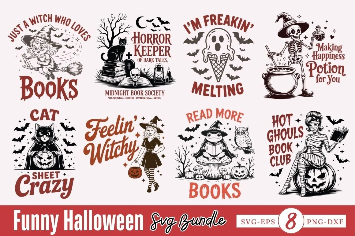 Funny Halloween SVG PNG Bundle,Retro showing eight monochromatic Halloween graphics with witches, skeletons, cats, mummies, pumpkins, and themed typography.