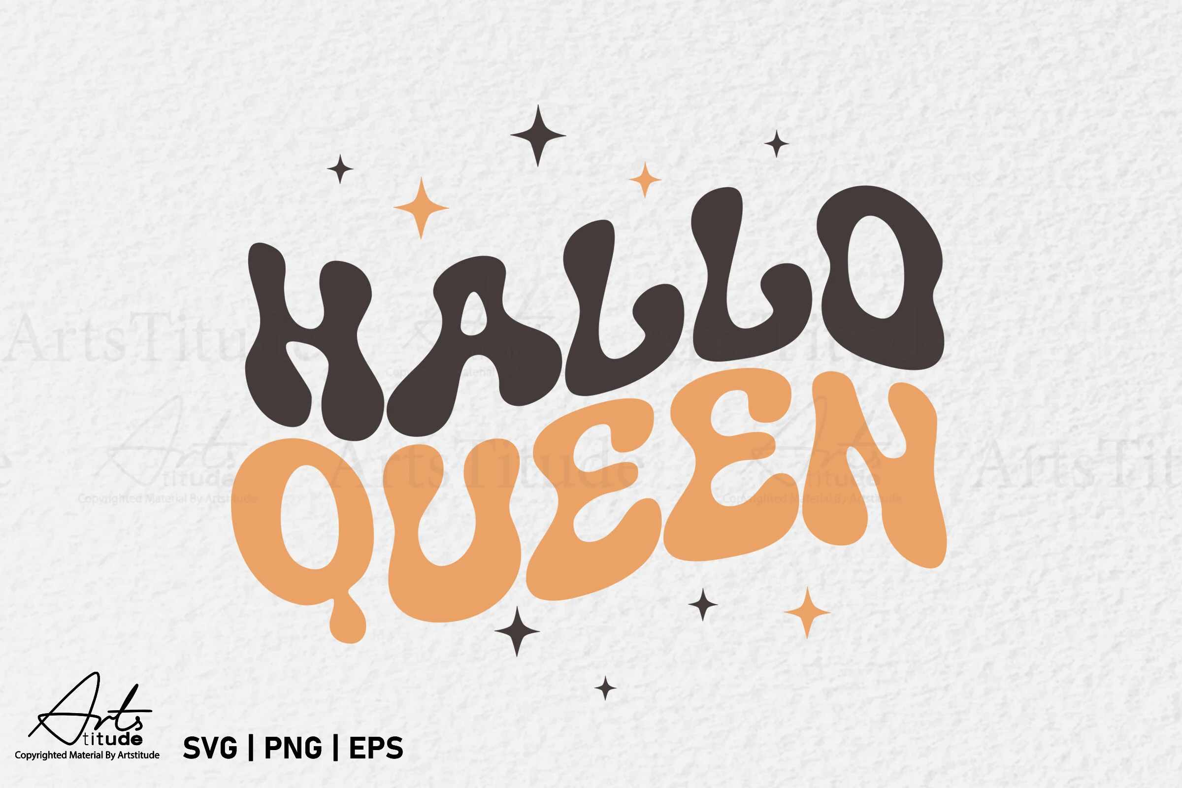 Funny Halloween SVG PNG Retro HalloQueen showing stacked HALLO QUEEN lettering in a bold, wavy retro style with scattered four-pointed star motifs.