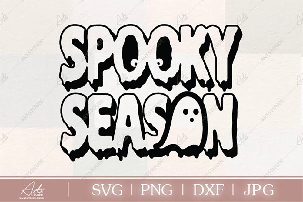 Funny Halloween SVG PNG, Spooky Season featuring bold dripping black-and-white lettering, ghost motifs, and eye cutouts.