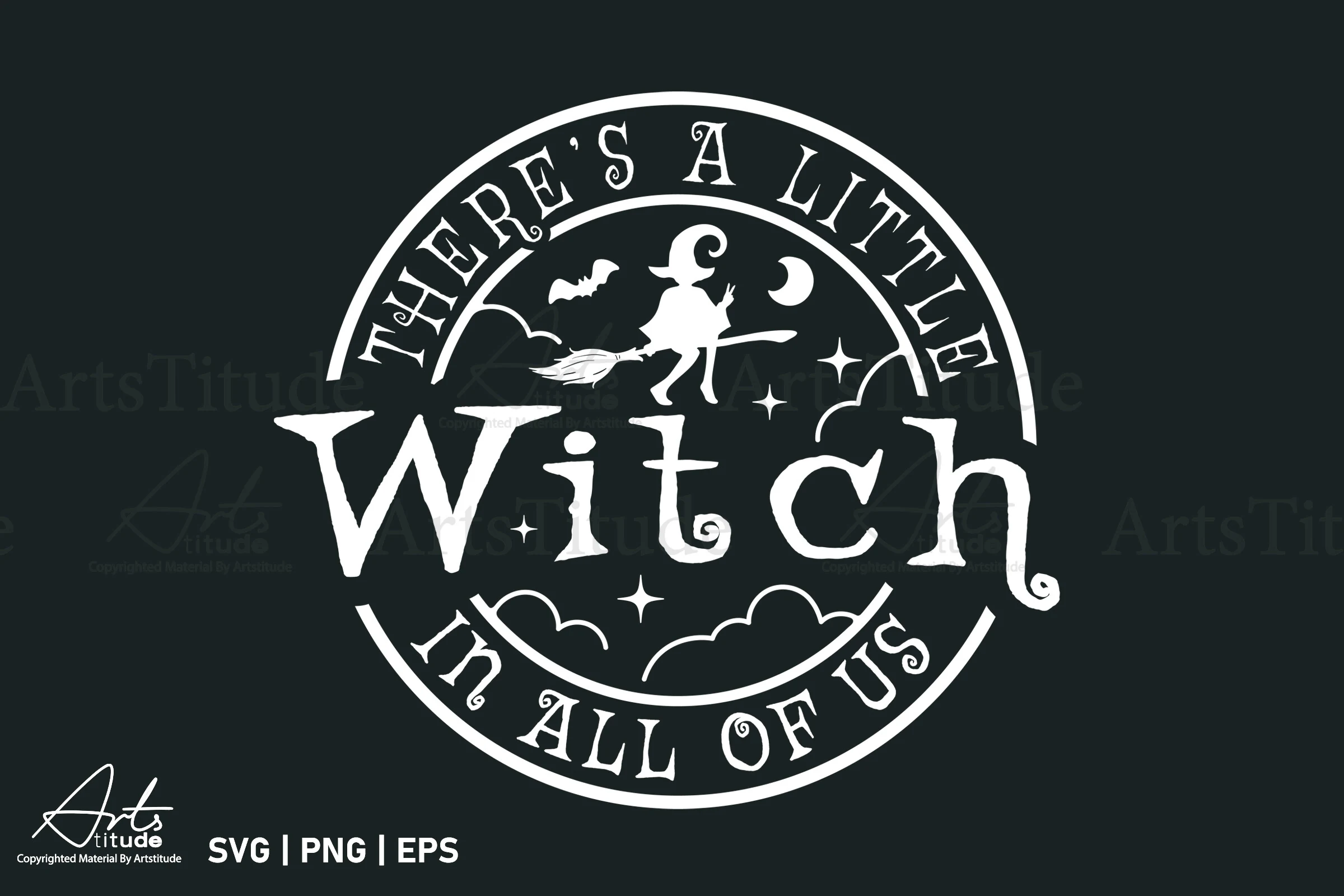 Funny Halloween SVG PNG, Witch SVG PNG featuring a circular badge with a large serif Witch wordmark, arched text, a flying witch, clouds, a crescent moon, stars, and bats.