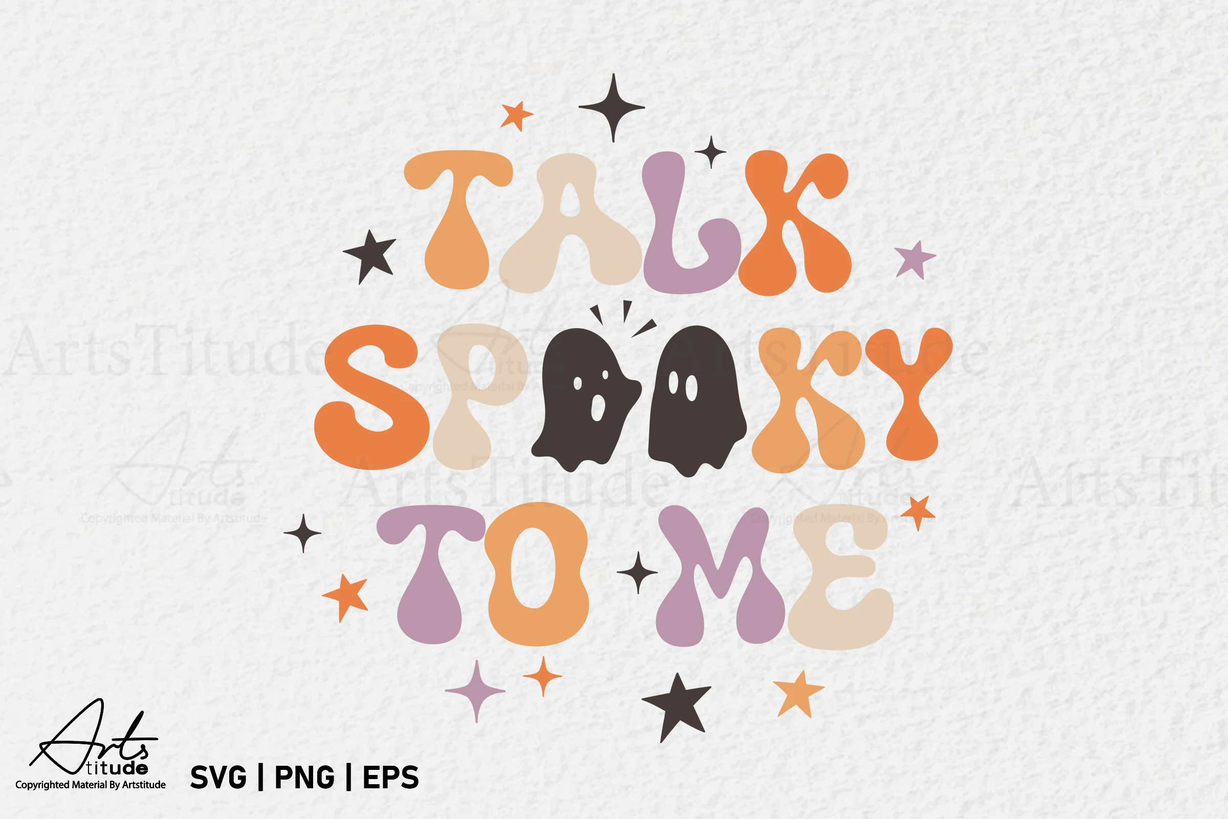 Funny Halloween SVG, Spooky Quote SVG featuring the phrase "TALK SPOOKY TO ME" in retro bubble lettering with two ghost silhouettes and scattered four-pointed stars.