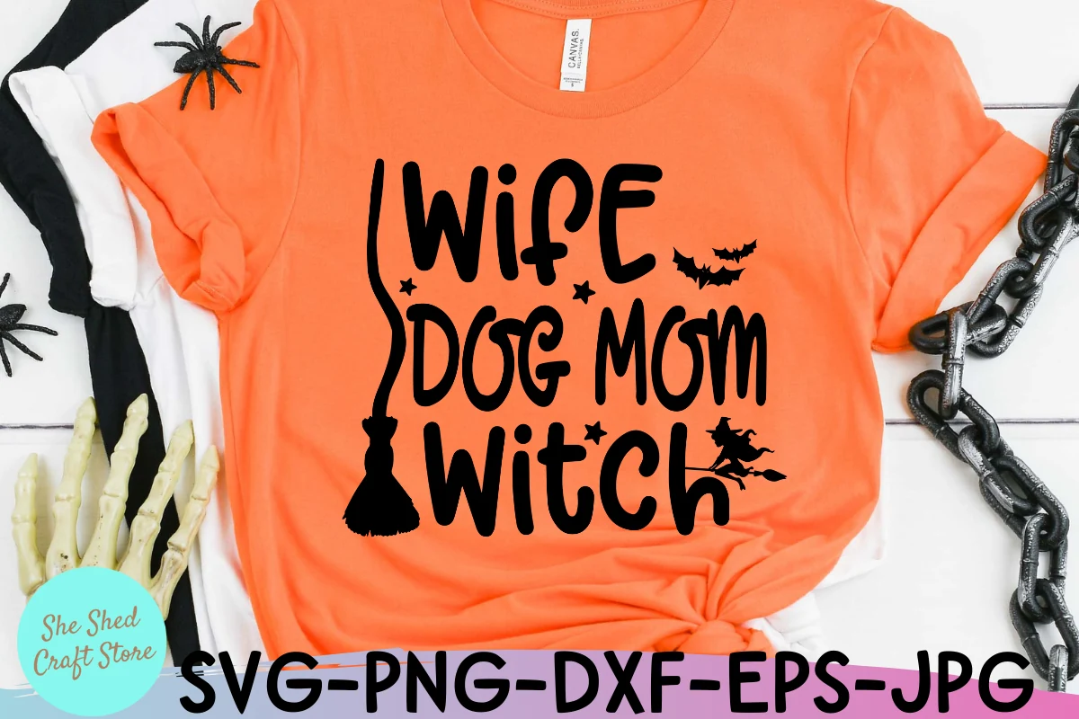Funny Halloween Svg, Wife Dog Mom Witch showing stacked black lettering with a broomstick, stars, bats, and a witch silhouette on an orange background.