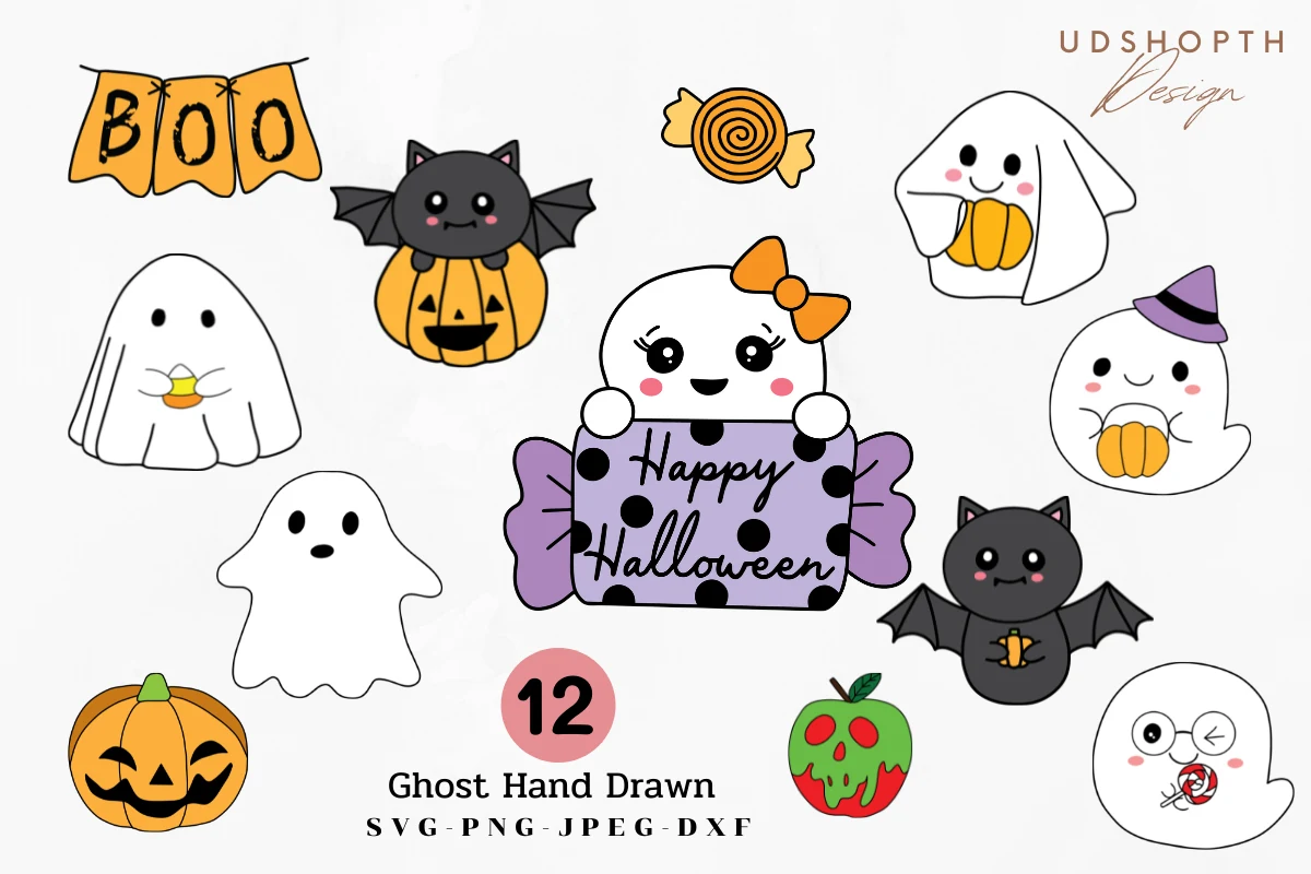 Ghost Cute, Ghost SVG, Halloween Svg V.2 featuring cute ghosts, bats, a pumpkin, and candy motifs with a purple wrapper labeled Happy Halloween.