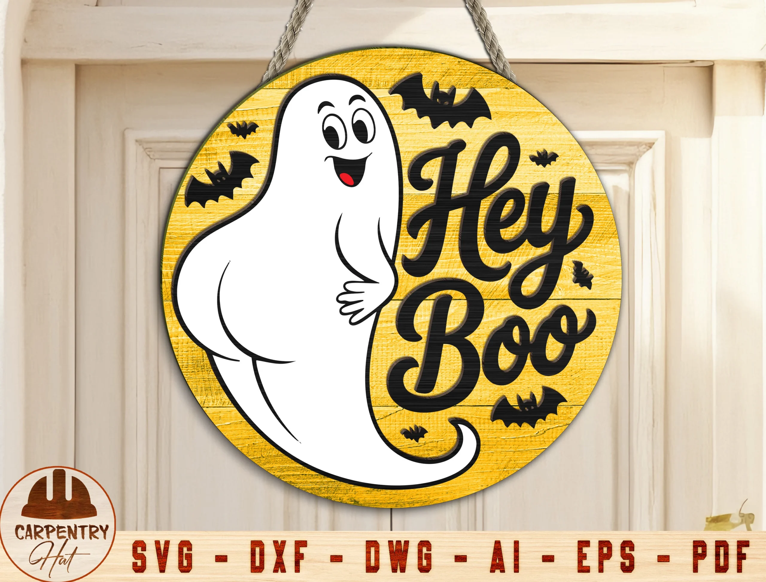 Ghost Halloween Sign Svg showing a circular yellow wood-plank sign with a cartoon ghost, bold black script lettering, and scattered black bat silhouettes.