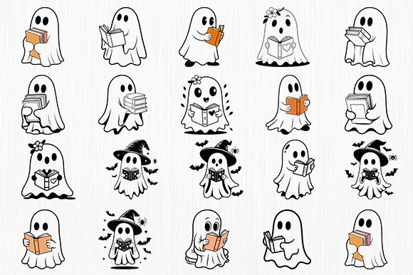 Ghost Reading Book Bundle, Halloween SVG SVG design preview