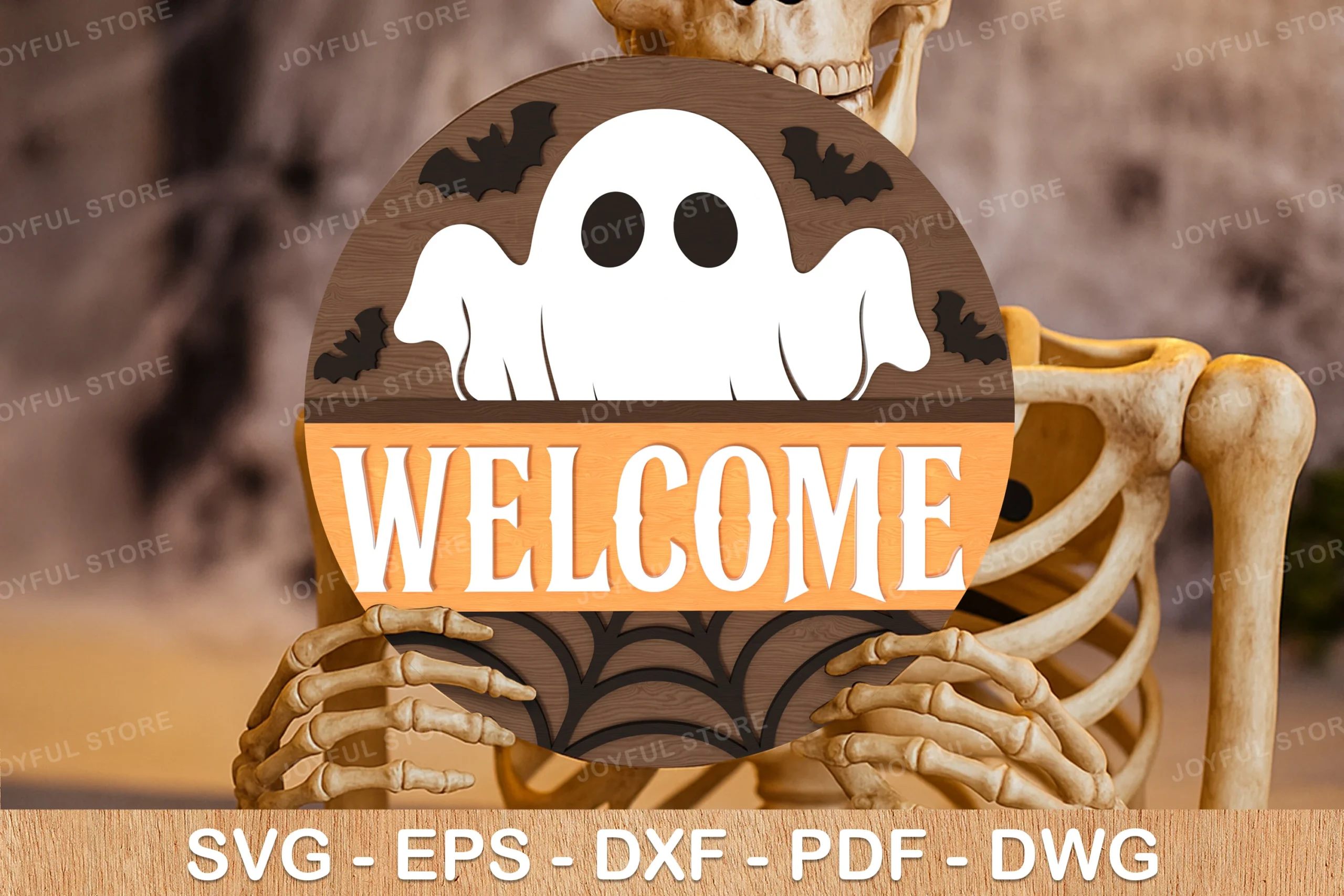 Ghost Welcome Halloween Sign SVG showing a circular wood-textured plaque with a white ghost, orange WELCOME banner, black bat silhouettes, and a spiderweb motif.