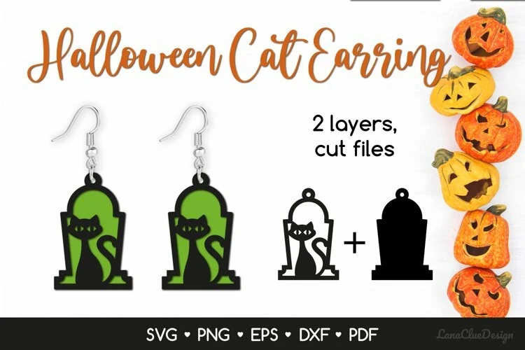 Halloween Cat Earring SVG, Gravestone showing a black cat silhouette inside a tombstone-shaped frame with layered earring components.