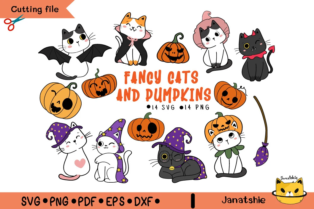 Halloween Cat Fancy Costume Svg Set featuring kawaii-style cats in Halloween costumes and carved pumpkins arranged around central decorative text.