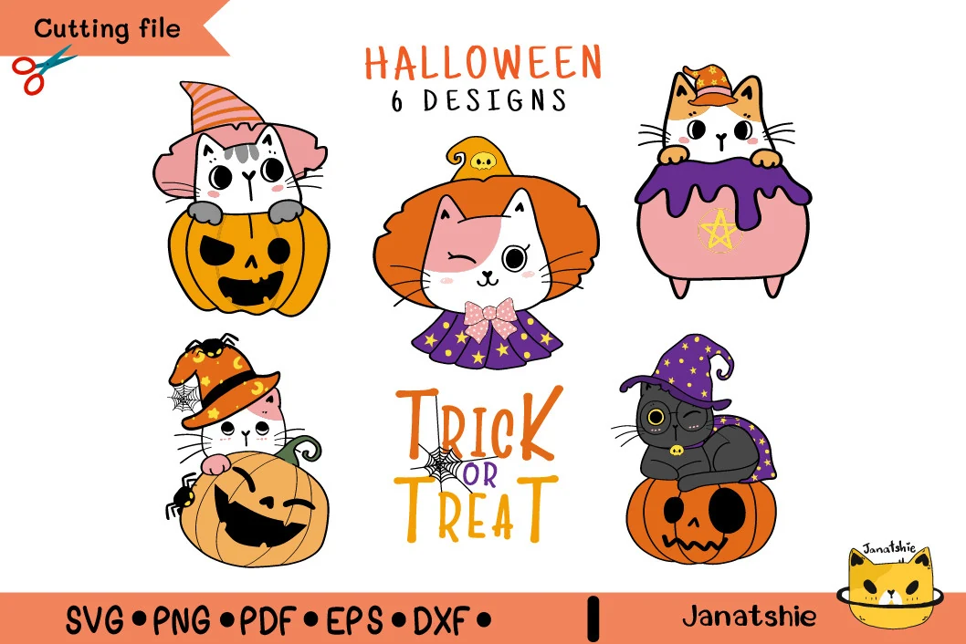 Halloween Cat Svg Costume Clipart Set showing five cartoon cats in Halloween costumes and a stylized TRICK OR TREAT text graphic with a spiderweb motif.