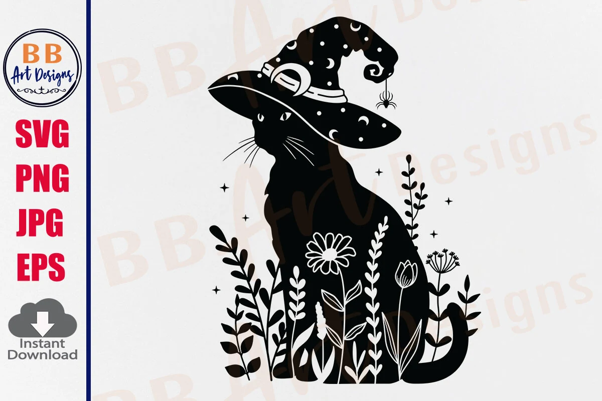 Halloween Cat SVG, Floral Black Cat PNG: black cat silhouette wearing a moon-and-star witch's hat, with a hanging spider, floral motifs, and scattered stars