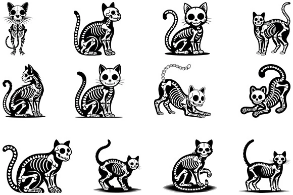 Halloween Cat Svg, Skeleton Cat Bundle showing black and white cat silhouettes with stylized skeleton overlays in varied feline poses