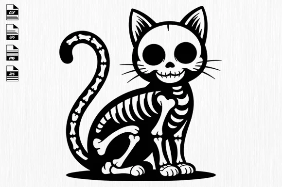 Halloween Cat Svg, Skeleton Cat showing a solid black sitting cat silhouette with white bone-shaped negative spaces forming the skull, ribs, and tail