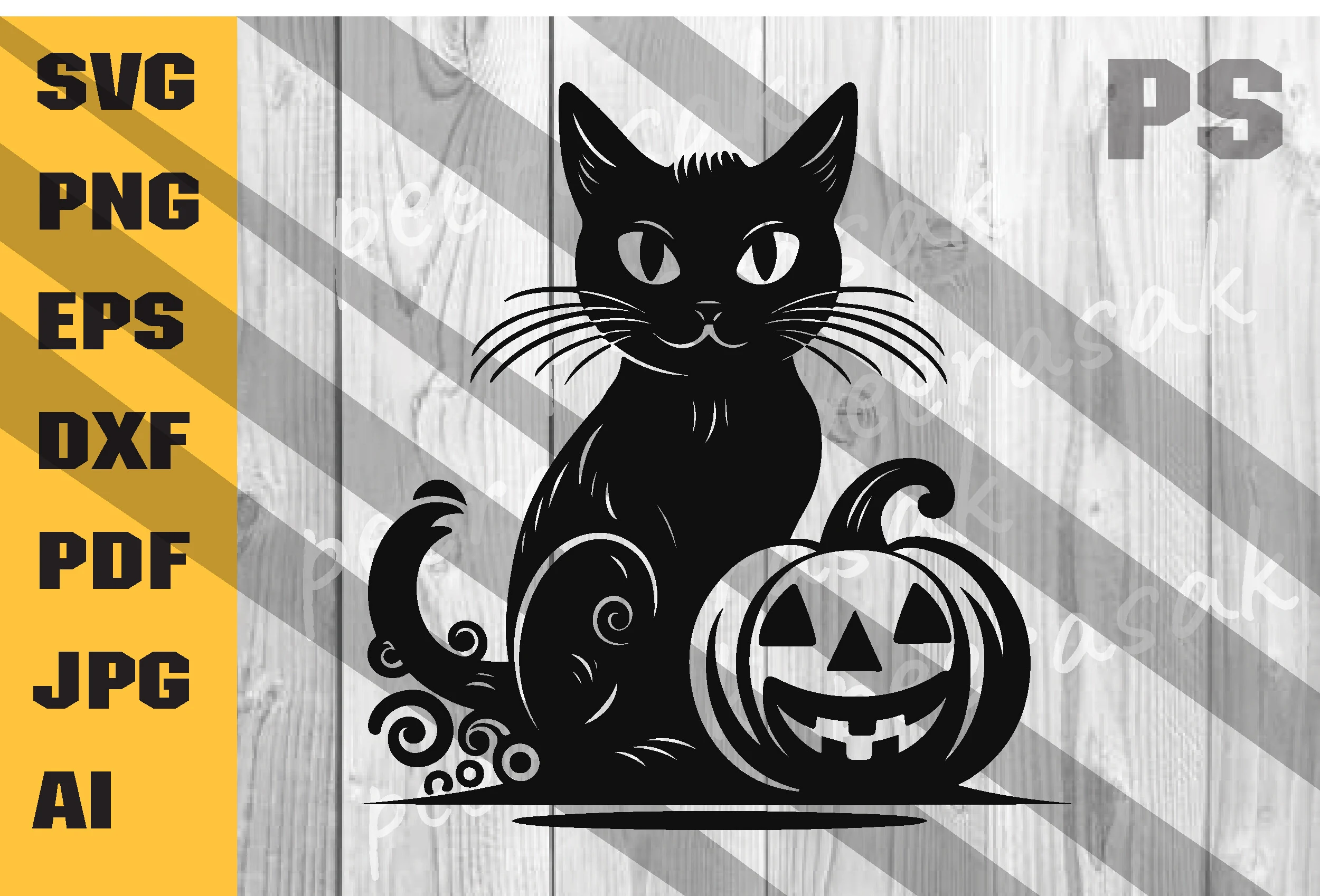 Halloween Cat Svg, Witches SVG features a solid black seated cat with a decorative swirling tail beside a carved jack-o'-lantern on a horizontal ground line.