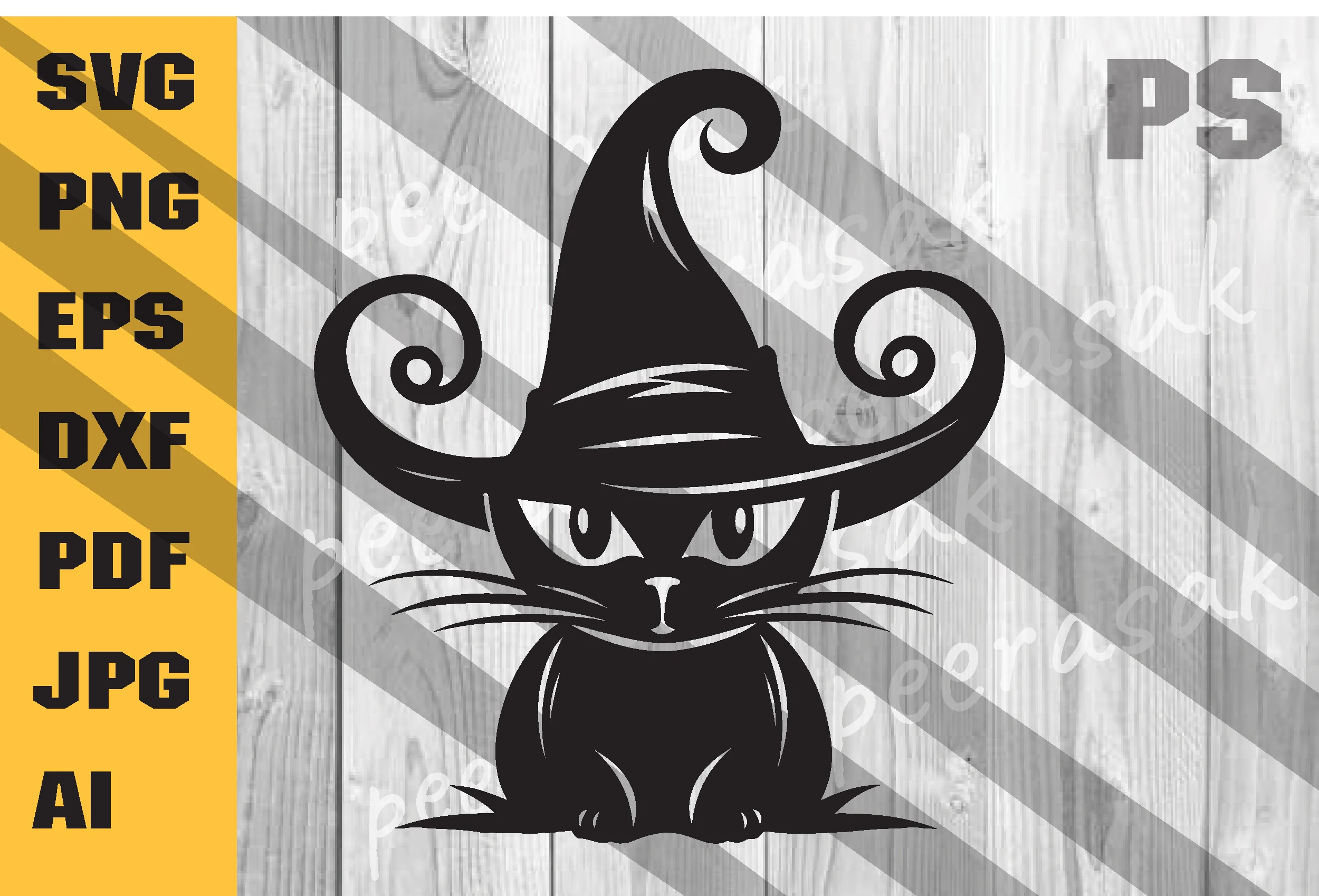 Halloween Cat Svg, Witches SVG showing a stylized black cat wearing a tall pointed witch's hat with curled tips and minimal facial details.