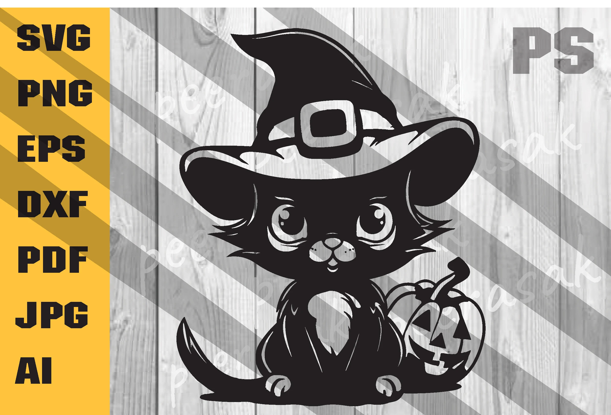 Halloween Cat Svg, Witches SVG showing a stylized kitten in a witch's hat beside a jack-o'-lantern in a high-contrast black-and-white stencil design.