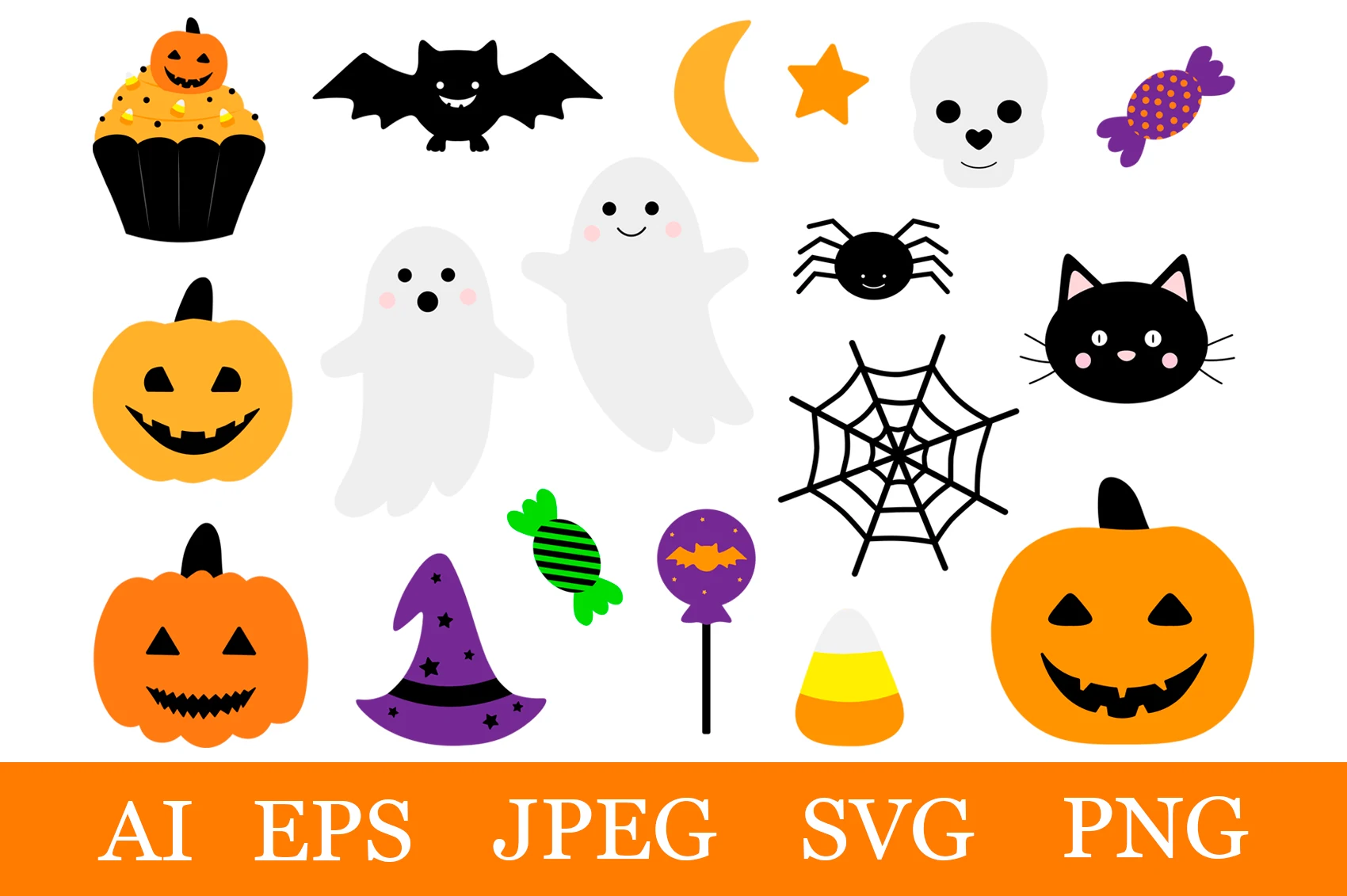Halloween Clipart. Cute Halloween SVG featuring jack-o'-lanterns, ghosts, a black cat, bat, skull, candies, spider, spider web, witch hat, crescent moon, and star in flat orange, purple, white, and black designs