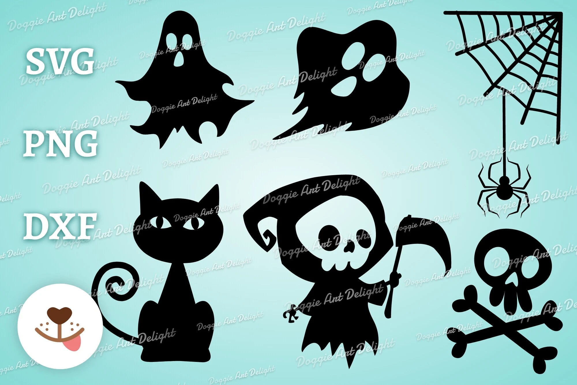 Halloween Cricut Svg Bundle showing six black Halloween silhouettes: two ghosts, a spider web with spider, a cat, a grim reaper with scythe, and a skull with crossed bones.