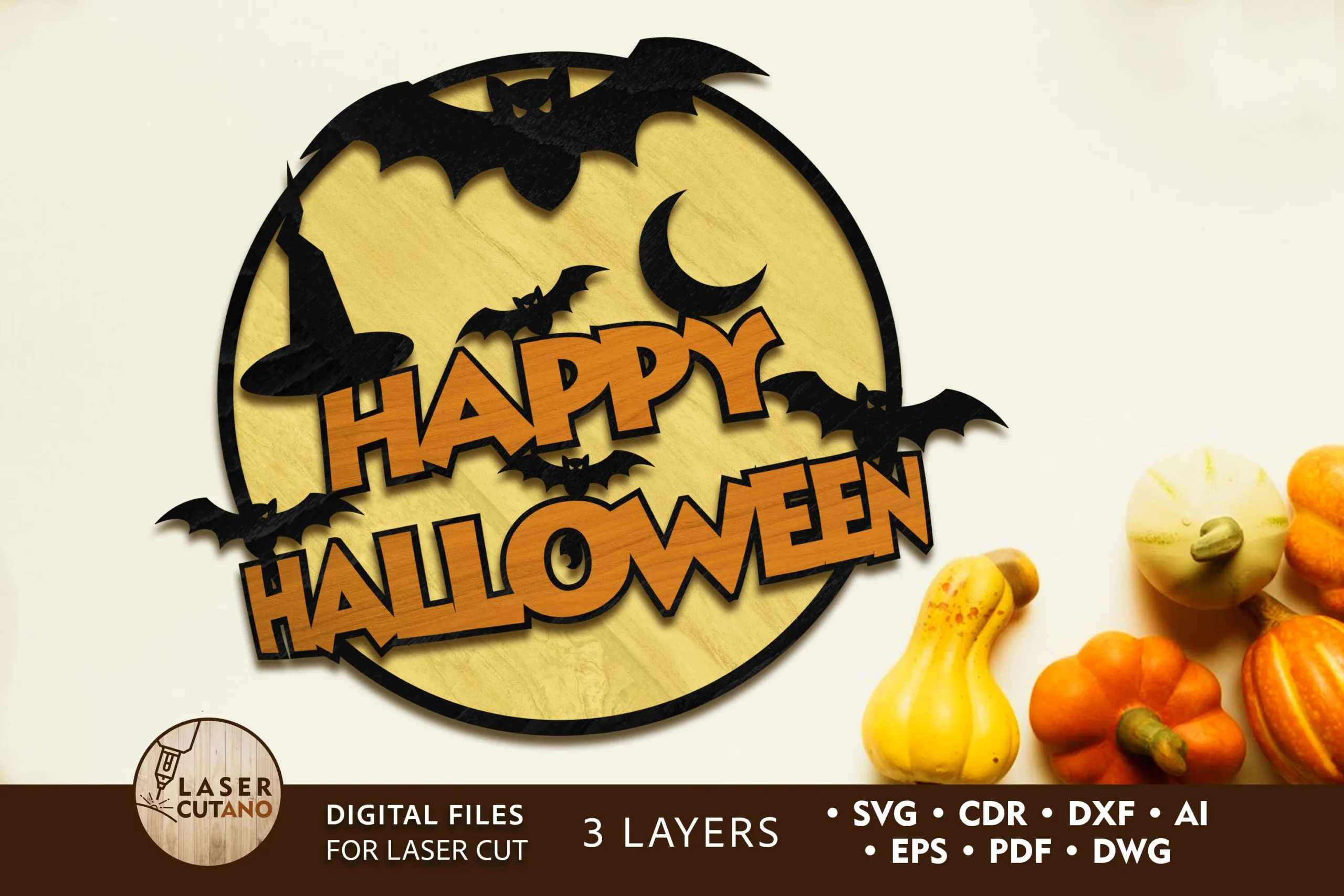 Halloween Decoration, Paper and Wood Cut showing a layered circular Halloween scene with bats, a crescent moon, a witch's hat, and bold HAPPY HALLOWEEN lettering.