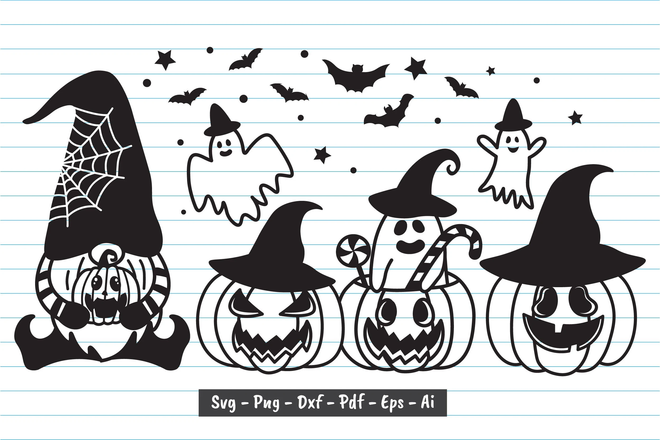 Halloween Gnome Svg, Halloween Svg showing black silhouette illustrations of a gnome with a spider web hat, two ghosts with witch hats, three carved pumpkins, bats, stars, and circular dots