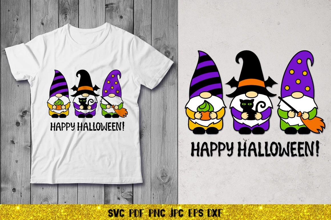 Halloween Gnomes SVG,Happy Halloween SVG featuring three cartoon Halloween gnomes above rounded two-line Happy Halloween lettering.