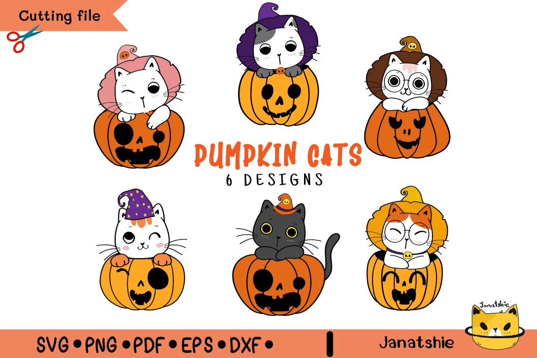 Halloween Kitten Cat Pumpkin SVG Set preview showing six cartoon cats sitting inside carved pumpkins, with witch hats, expressive eyes, bold black outlines, and a PUMPKIN CATS title.