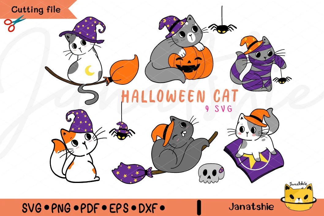 Halloween Kitty Cat Costume SVG Set featuring nine colorful cartoon cats in Halloween costumes, including witch hats, pumpkins, broomsticks, and spider motifs.