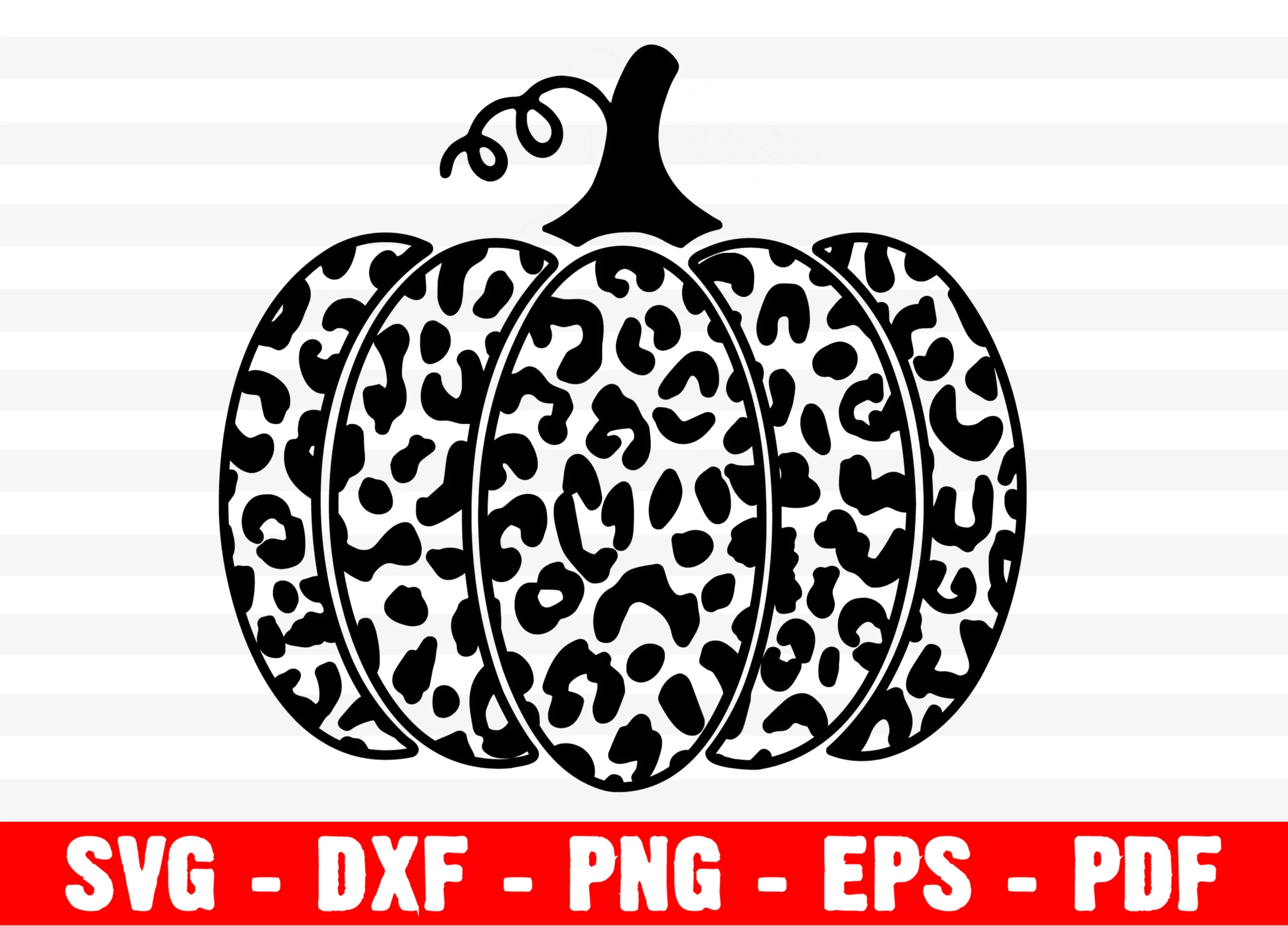 Halloween Leopard Print Pumpkin SVG PNG is a stylized segmented pumpkin silhouette filled with a black leopard print pattern and topped with a curly stem.