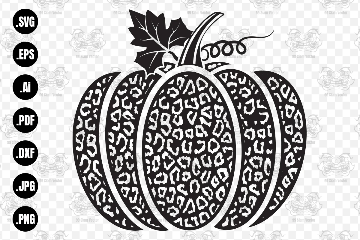 Halloween Leopard Print Pumpkin SVG, a segmented pumpkin graphic with dense leopard-print cutouts, a leaf silhouette, and a curled vine accent.