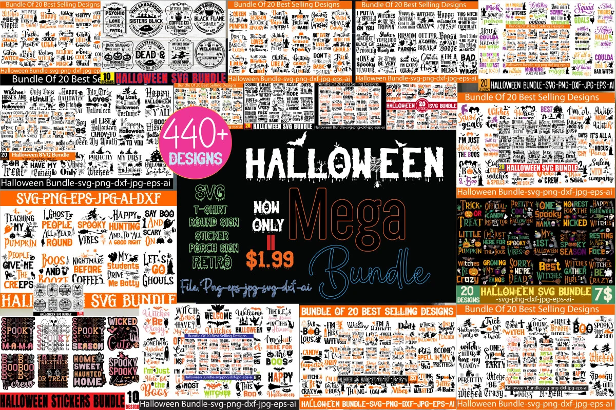 Halloween Mega Bundle preview showing a large grid of Halloween-themed typographic compositions with seasonal icons, including pumpkins, bats, spiderwebs, and witch hats.