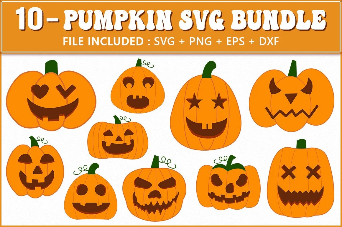 Halloween Pumpkin SVG Bundle, 10 Clipart features ten varied jack-o'-lantern illustrations with different carved facial expressions and solid green stems.