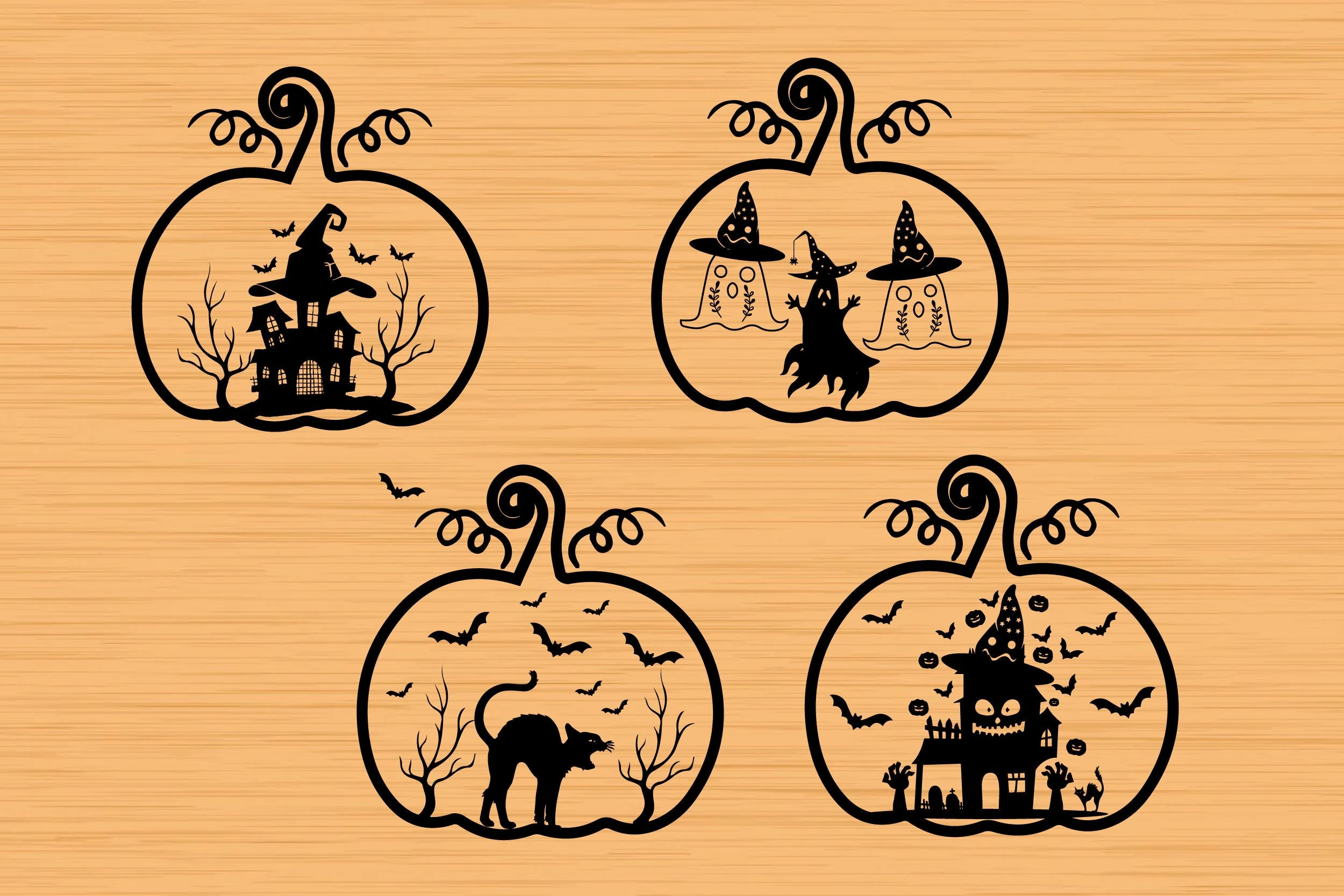 Halloween Pumpkin SVG Bundle showing four circular pumpkin-shaped frames with Halloween scenes, including haunted houses, ghosts wearing wizard hats, bats, a hissing cat, and reaching hands.