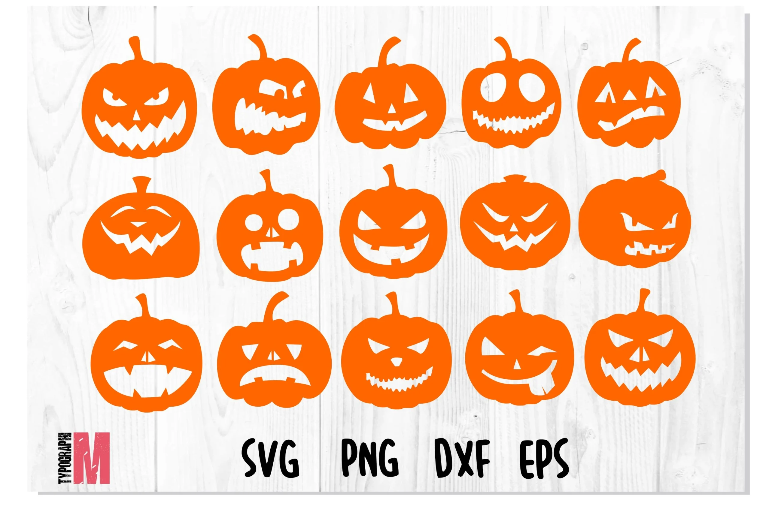 Halloween Pumpkin SVG Bundle showing fifteen orange jack-o'-lantern silhouettes arranged in a three-by-five grid with varied spooky carved facial expressions.