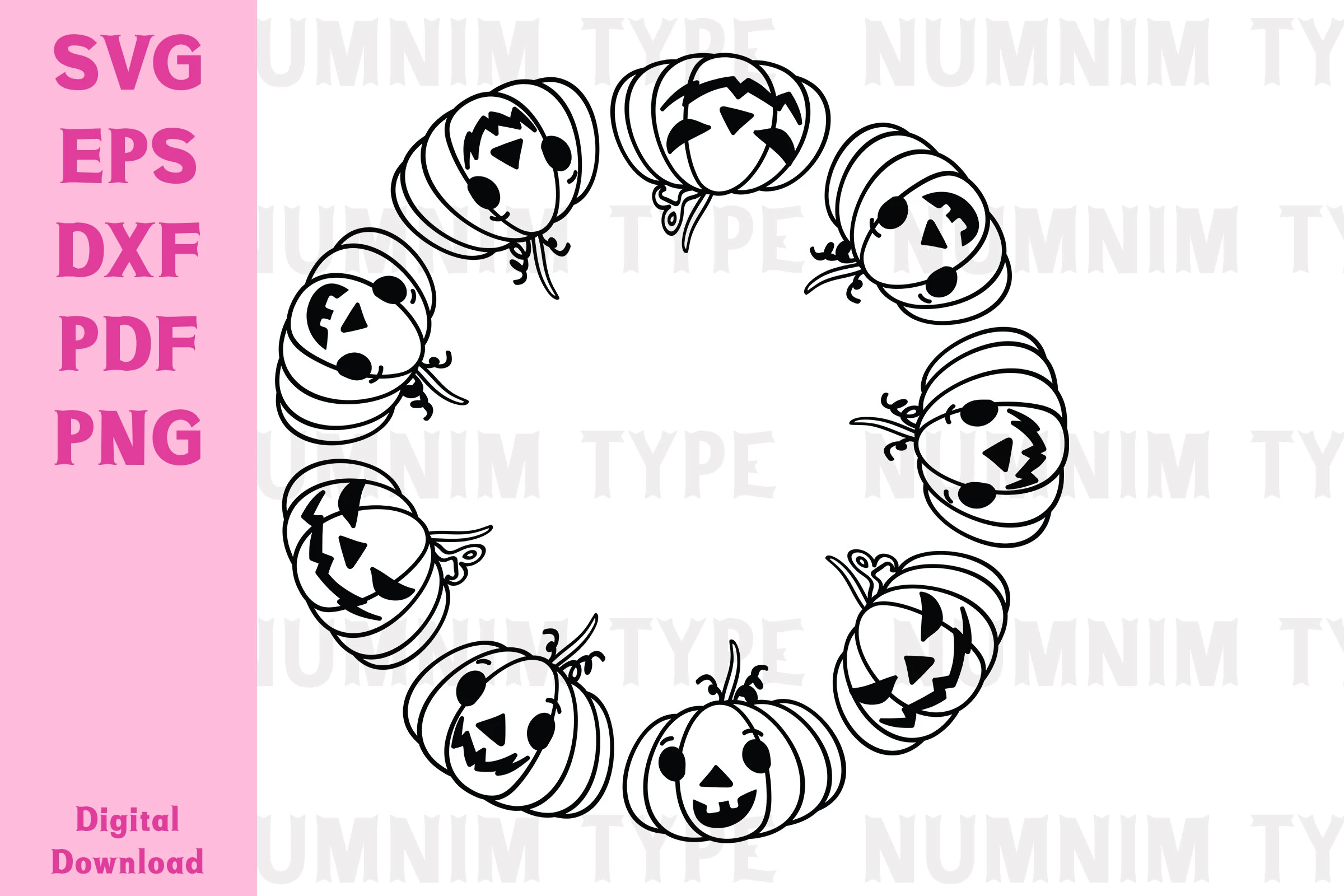 Halloween Pumpkin SVG Circle Kids Wreath showing eight black-line jack-o'-lantern illustrations arranged in a circular wreath with a hollow center.