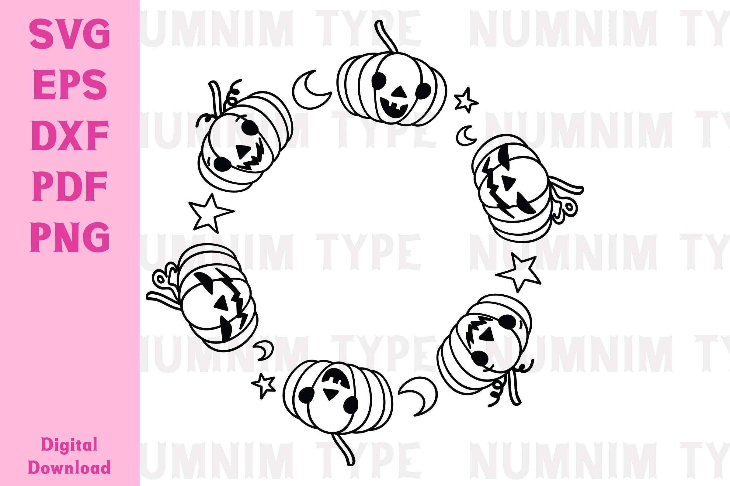 Halloween Pumpkin SVG Circle Kids Wreath featuring five stylized jack-o'-lanterns, crescent moons, and stars arranged in a circular black line-art design