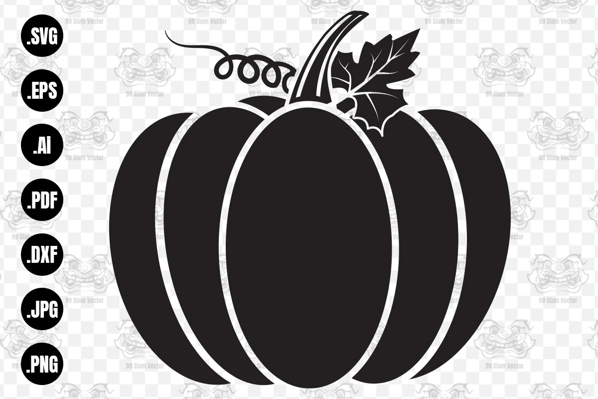 Halloween Pumpkin SVG, Cut File featuring a bold black pumpkin silhouette with segmented curves, a curled vine, and a leaf.