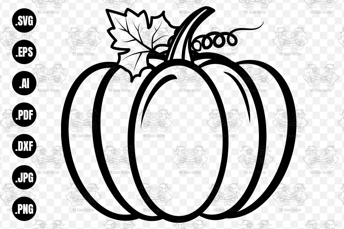 Halloween Pumpkin SVG, Cut File featuring a segmented pumpkin with a leaf and curly vine in black-and-white line art
