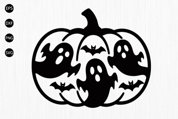 Halloween Pumpkin SVG, Happy Halloween featuring a large pumpkin outline filled with three ghost silhouettes and three small bats in a high-contrast stencil style
