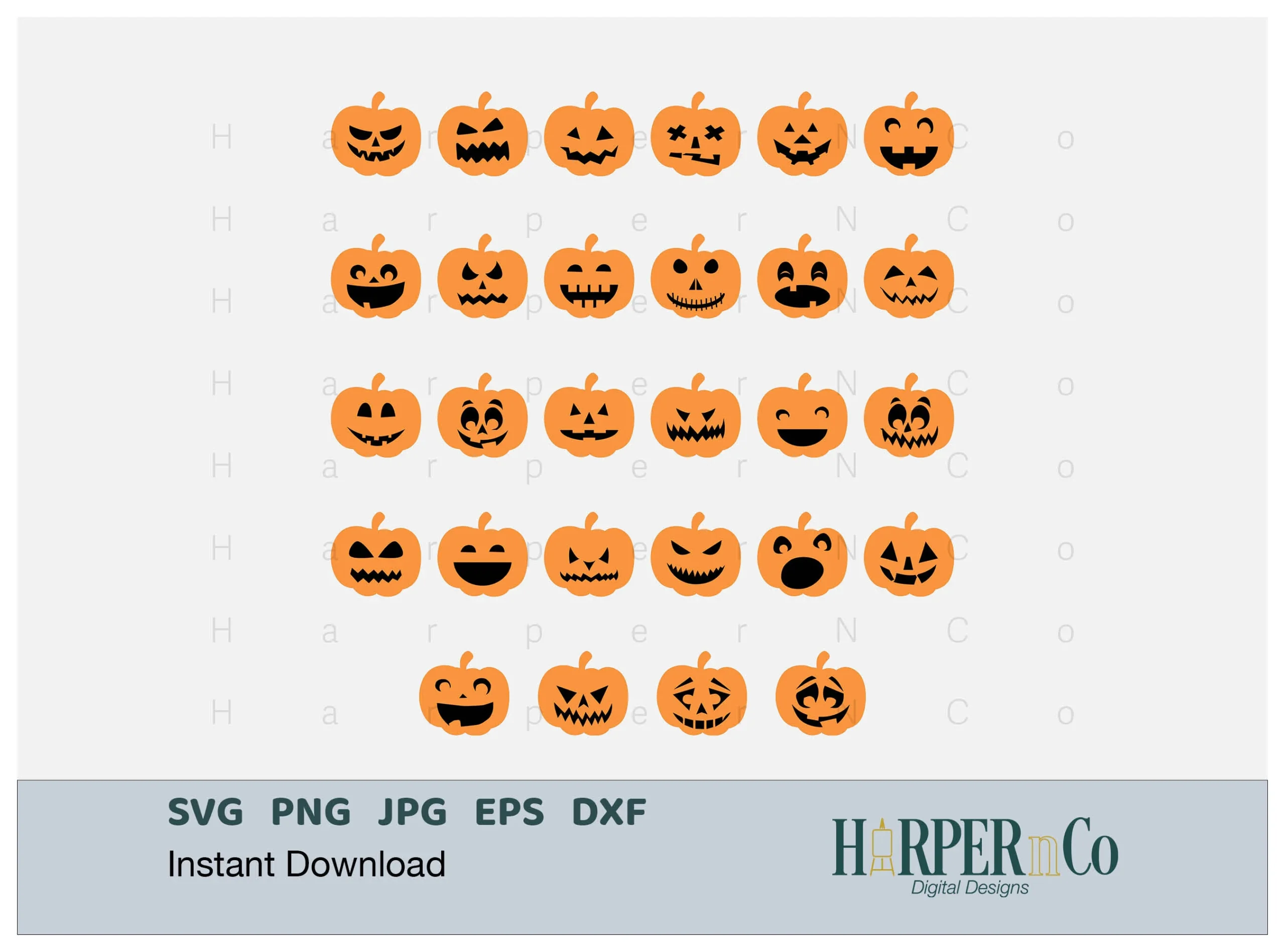 Halloween Pumpkin SVG Jack O Lantern PNG shows a grid of 29 orange pumpkin silhouettes with varied carved facial expressions formed by black negative space.