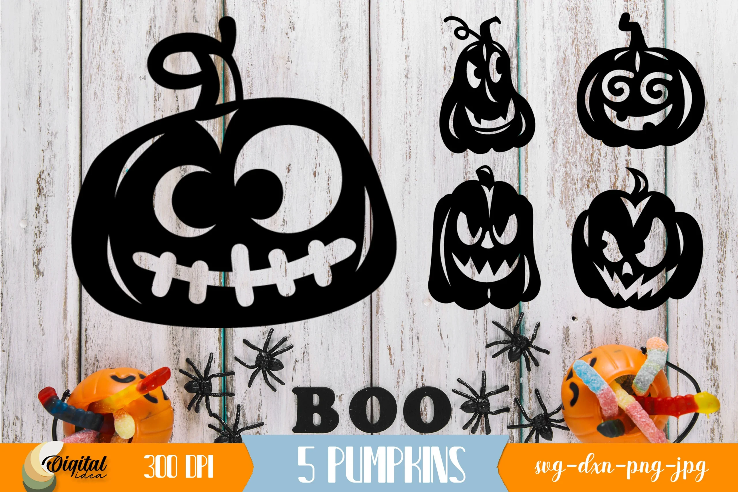 Halloween Pumpkin SVG featuring five solid black jack-o'-lantern silhouettes with varied cartoon faces and negative-space cutouts on a rustic white wooden background.