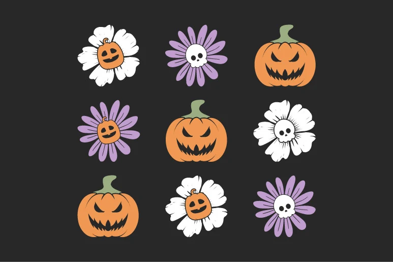 Halloween Pumpkin SVG Sublimation features a 3x3 grid of spooky-cute illustrations with orange jack-o'-lanterns, white daisies with pumpkin centers, and light purple daisies with skull centers on a dark background.