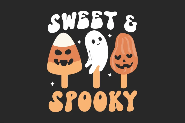 Halloween Pumpkin SVG Sublimation featuring bold bubbly "SWEET & SPOOKY" lettering with a candy corn ghost, friendly ghost, and jack-o'-lantern popsicle illustrations.