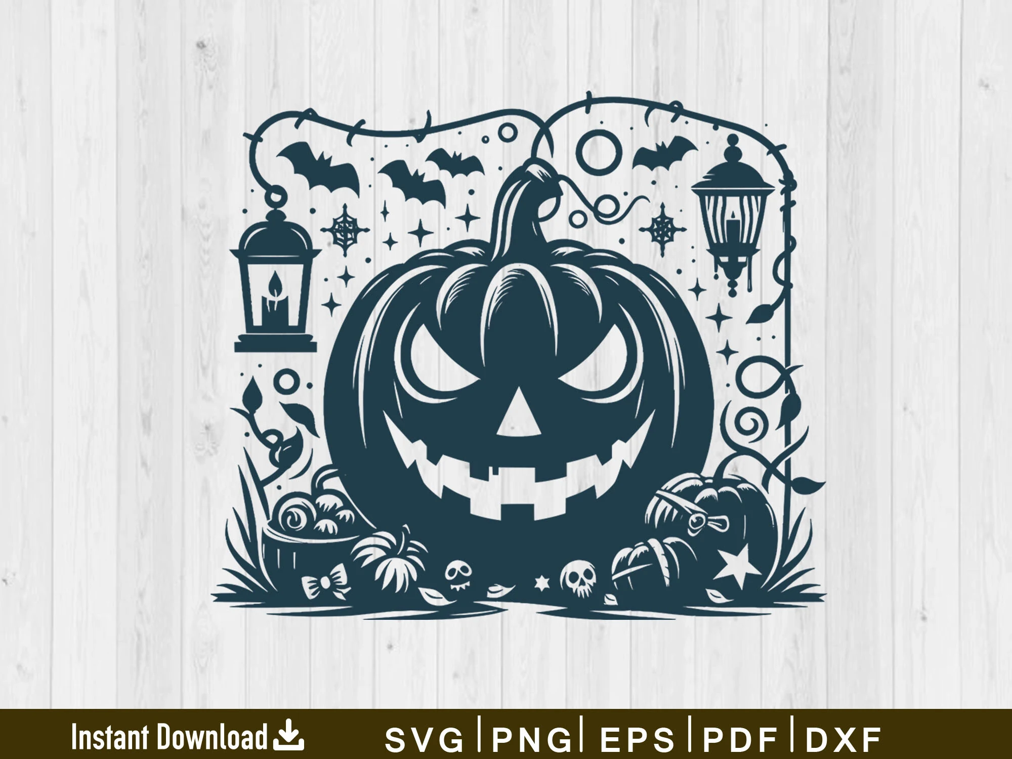 Halloween Pumpkin Svg Vector Silhouette featuring a centered scary jack-o'-lantern with hanging lanterns, bats, decorative vines, small skulls, stars, and additional gourds in a monochromatic silhouette style.
