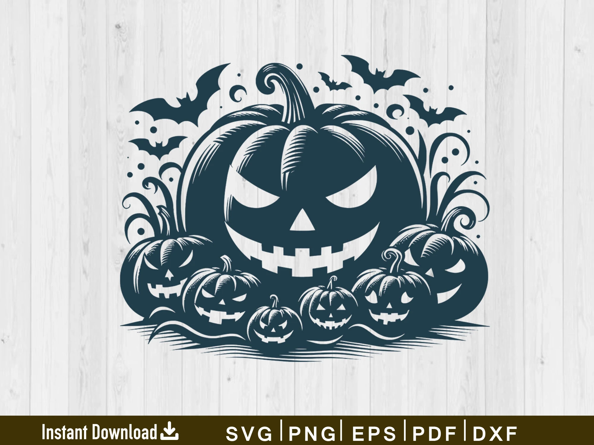 Halloween Pumpkin Svg Vector Silhouette featuring a large central carved pumpkin surrounded by smaller jack-o'-lanterns, decorative swirls, and flying bats.