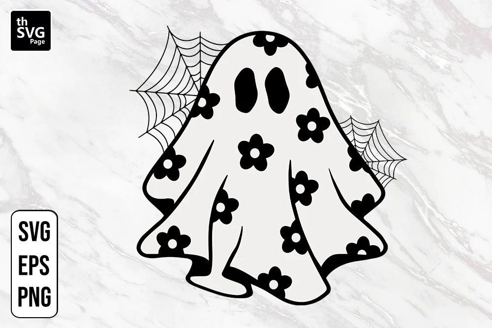 Halloween Season Daisy Ghost SVG EPS PNG showing a black-and-white line-art ghost with floral details and spiderweb accents.