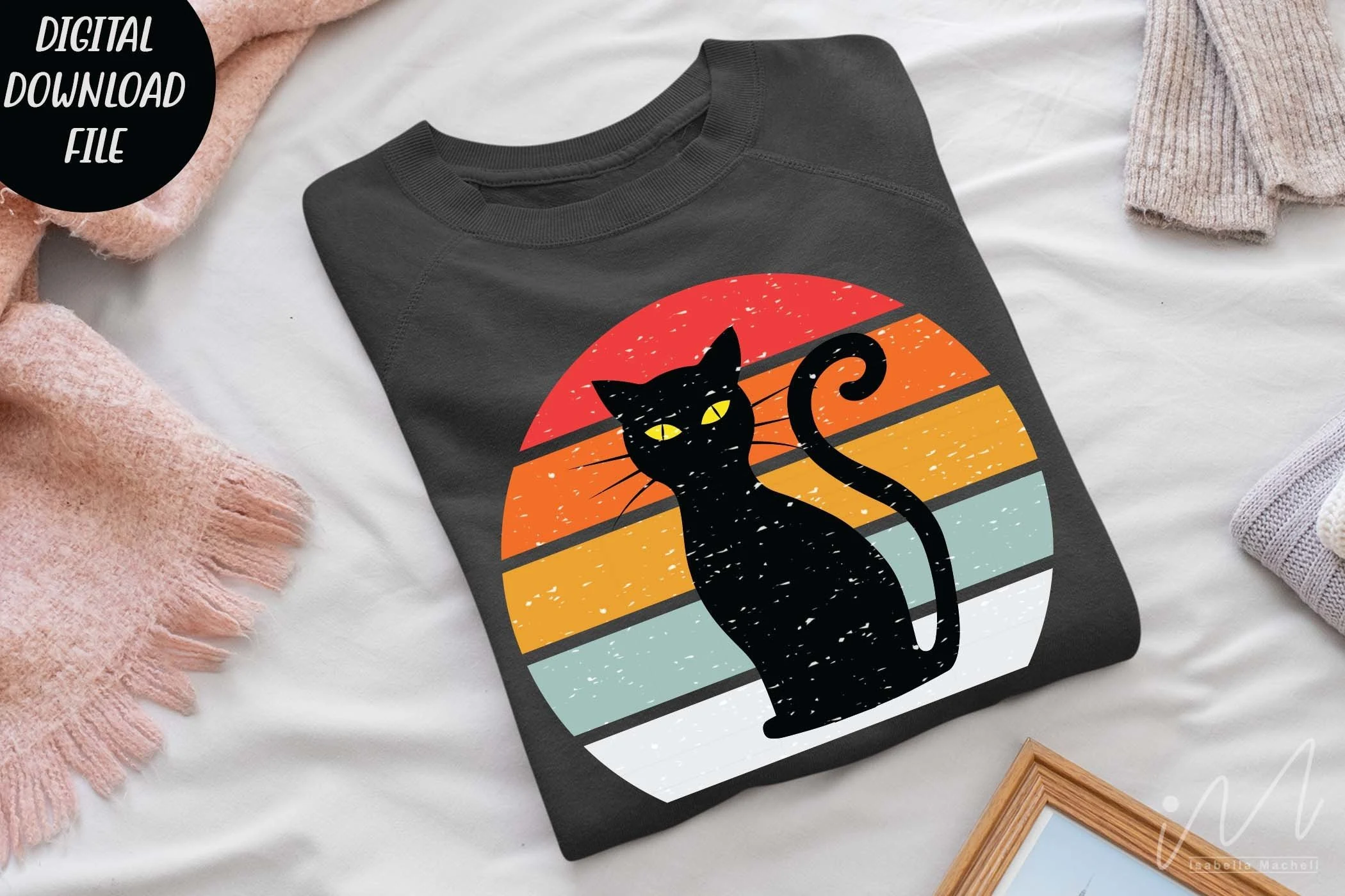 Halloween Shirt, Sunrise Halloween Svg, black cat silhouette with yellow eyes centered over a distressed circular sunset design with red, orange, gold, light blue, and white horizontal stripes