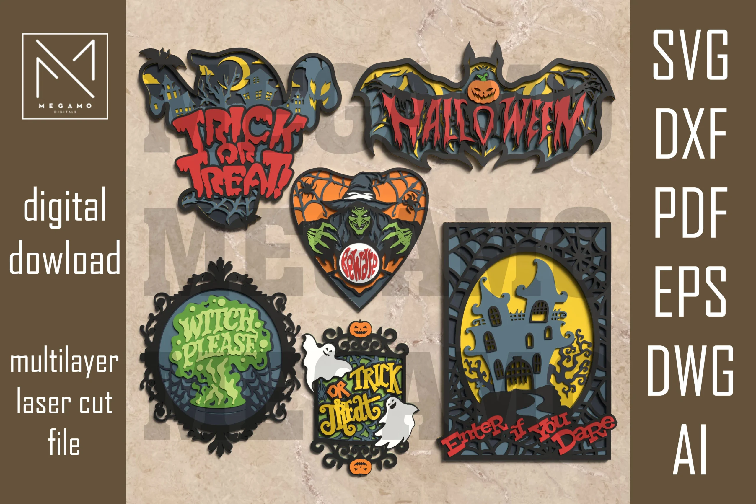 Halloween Sign SVG Bundle – 6 Pack showing six layered Halloween-themed sign designs with jagged typography, haunted houses, bats, ghosts, and pumpkins.