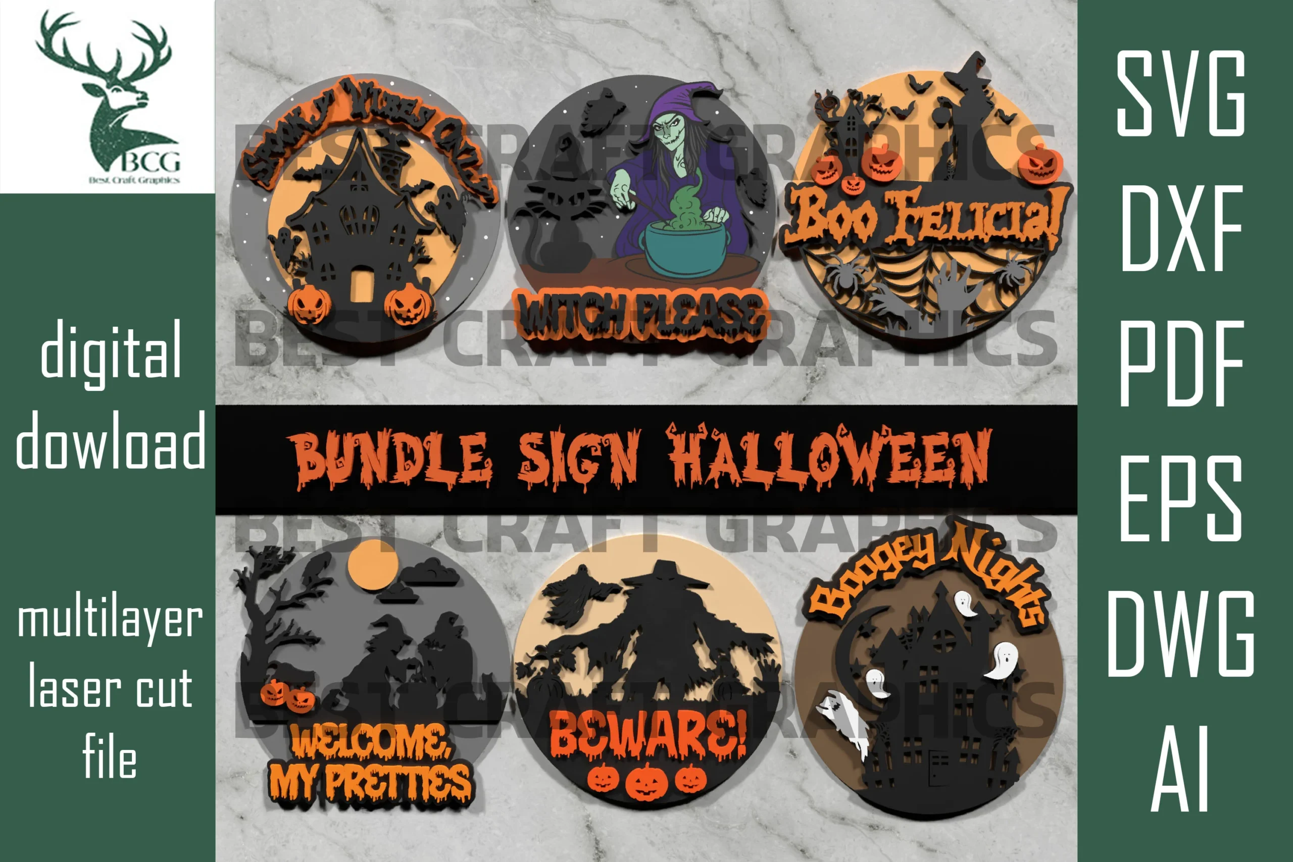 Halloween Sign SVG Bundle features circular multilayer Halloween scenes with haunted houses, witches, ghosts, and bold dripping-style decorative text.