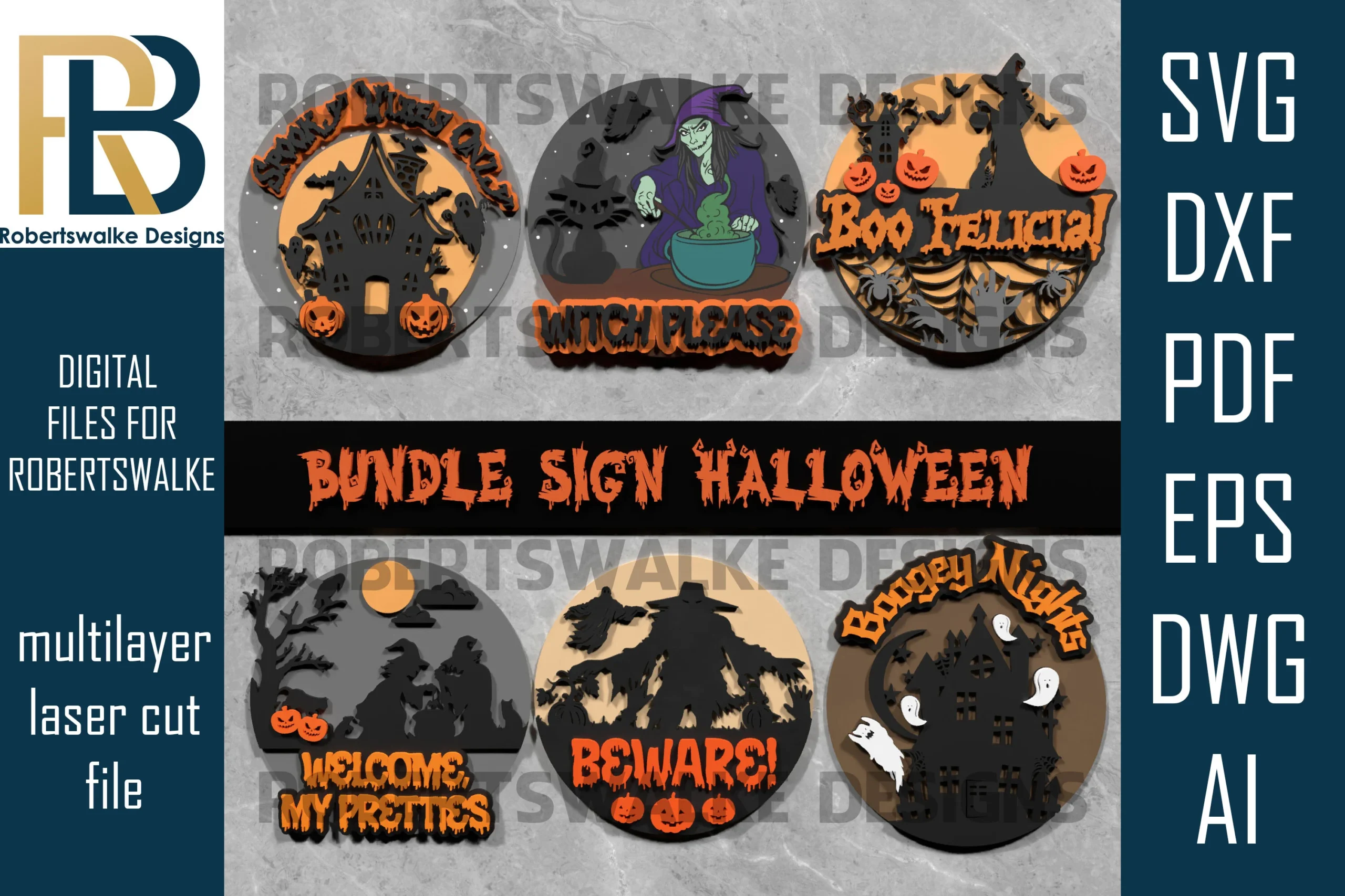Halloween Sign SVG Bundle showing six circular layered Halloween sign designs with dripping text and silhouettes of haunted houses, witches, pumpkins, bats, and ghosts