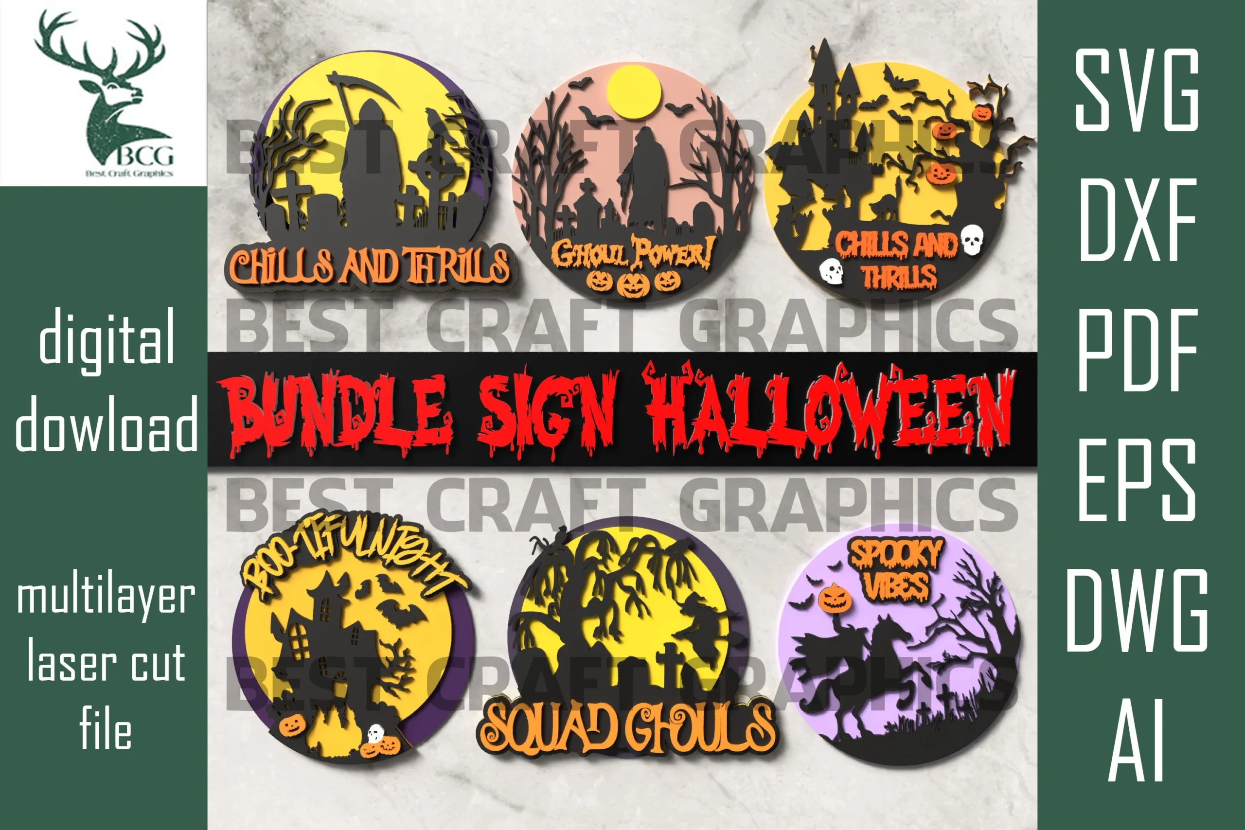 Halloween Sign SVG Bundle Set showing a collection of circular layered Halloween sign designs with spooky silhouettes, thematic lettering, haunted houses, witches, skeletons, and tombstones.